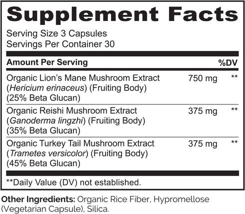 NATURELO Mushroom Supplement for Brain & Immune Health with Lion’s Mane, Reishi, Turkey Tail - 90 Vegan Capsules