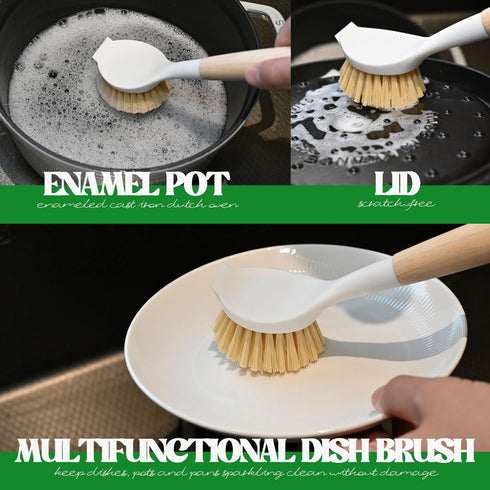 HogarCare Dish Brush with Handle Wood Built-in Scraper, Scrub Brush for Pans, Pots, Saucepan, Kitchen Brushes for Sink