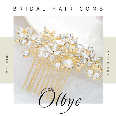 Olbye Bridal Headpiece - Rhinestone Crystal Flower Hair Comb and Clips for Brides and Women (Gold)