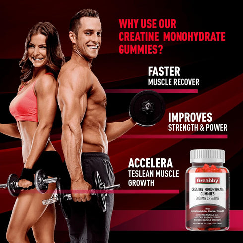 Creatine Monohydrate Gummies, 5g for Women & Men, L-Taurine, B12, Creatine Chews for Muscle Growth, Mixed Berry Flavor,