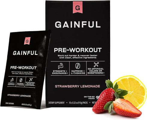 Gainful Pre Workout Powder, Strawberry Lemonade, 10 Ct: Natural Caffeine, L Theanine, L Citrulline, Beta Alanine, BCAA's