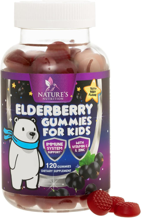 Children's Daily Immune Support Gummies, Real Elderberry + Vitamin C & Zinc for Healthy Immune System, 120 Gummies