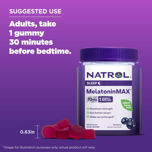 Natrol MelatoninMax Sleep Gummies for Adults, Blueberry Flavor, 10 mg, 80 Count, Up to 80 Day Supply