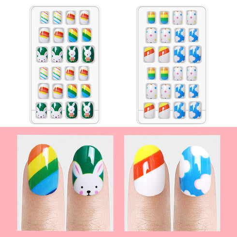 Laza 120pcs Children Nails Press On Pre-glue Full Cover Nail Tips Kit, Colorful Rainbow Short Artificial Nails