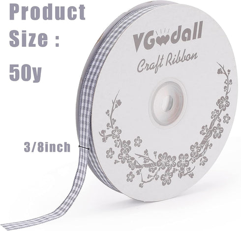 VGoodall Dark Grey Gingham Ribbon, 3/8 x 50Yd Craft Ribbon for Hair Accessories and Gift Wrapping