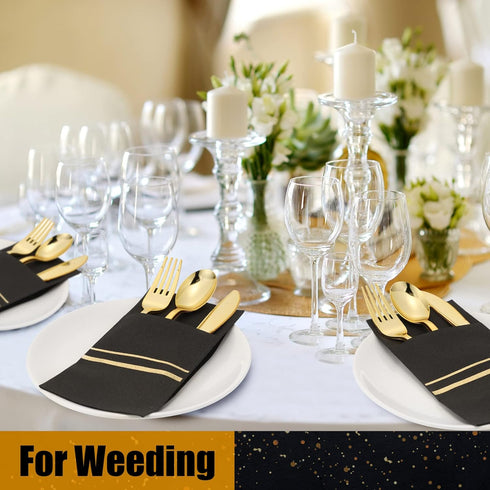 25 Set Plastic Silverware with Napkins, Wrapped Disposable Cutlery Set for Dinner Party Wedding, Black Gold