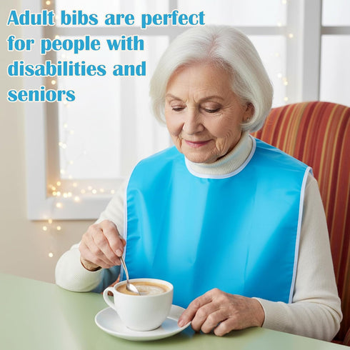 WJIAAA 23.6 14.3in Adult Bibs for Elderly Women Men, Blue Waterproof Oil-Proo Bibs with Chip Collector Wipe-Clean