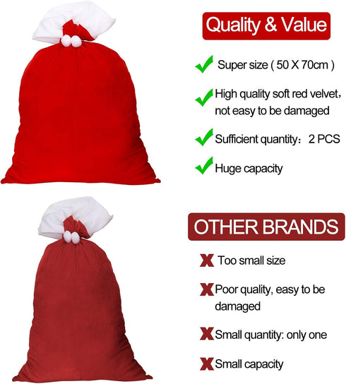 Shappy 2 Pcs Christmas Velvet Santa Claus Bags, Large 20 x 28 Inch Gift Sack with Drawstring for Xmas Presents (Red)