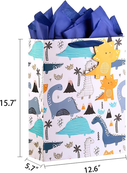 SUNCOLOR 16" Extra Large Gift Bag with Tissue Paper for Boys (Dinosaurs)