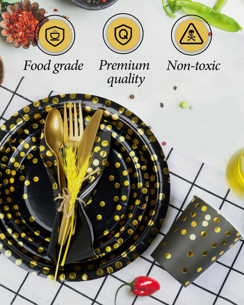 224 Pieces Party Supplies, Black and Gold Disposable Tableware Sets with Plastic Knives, Forks, Spoons for 32