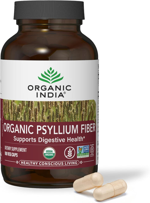 ORGANIC INDIA Psyllium Herbal Powder, Whole Husk Fiber, Keto Friendly, Vegan, Gluten-Free, 180 Capsules