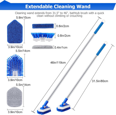Lalafancy 3 in 1 Shower Cleaning Brush with Locking Head, 50'' Extendable Long Handle, Stiff Bristles & Microfiber Pads