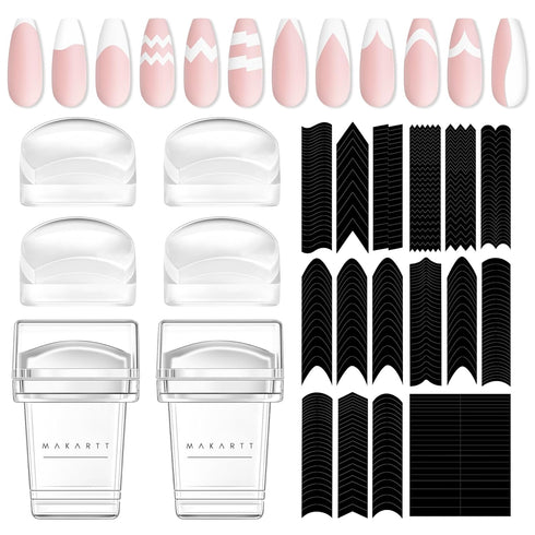 Makartt 12 PCS French Nail Art Stamper Kit - 2 PCS Jelly Nail Stamper, 4 PCS Silicone Heads, 6 Sheets Nail Guide