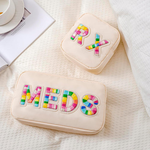 Personalized Small Canvas Cosmetic Bag, Cute Plaid Chenille Letter RX Drug Pouch with Zipper for Women and Girls