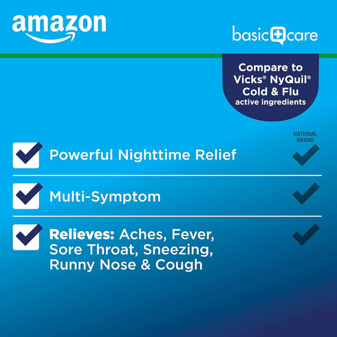 Amazon Basic Care Nighttime Cold & Flu Relief - Pain Reliever, Cough Suppressant, Antihistamine Liquid, 8 fl oz