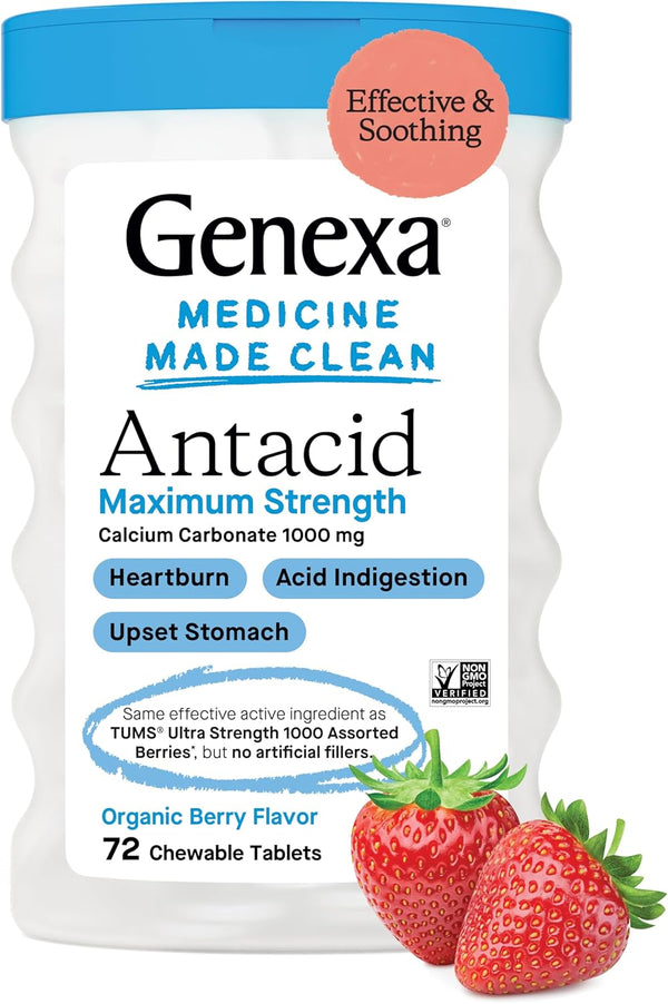 Genexa Antacid Maximum Strength Chewable Tablets | Calcium Carbonate Relief for Heartburn, Acid Indigestion, 72 Tablets