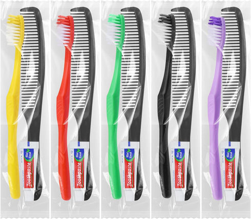20Pcs Disposable Toothbrushes with Toothpaste and Comb, Travel Kit for Guests, 5 Colors, Individually Wrapped
