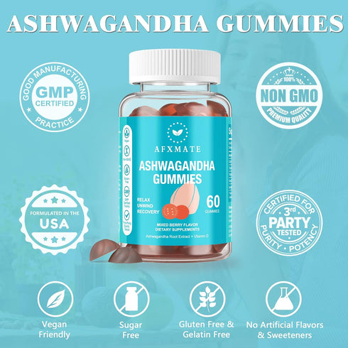 AFXMATE Ashwagandha Gummies & Vitamin D for Men & Women, 120 Count, Non-GMO, Sugar Free, Gluten Free