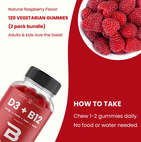 Vitamin D3 & B12 Methyl Gummies for Adults & Kids, Enhanced with Folate, Natural Energy & Focus, Raspberry, 120 Gummies