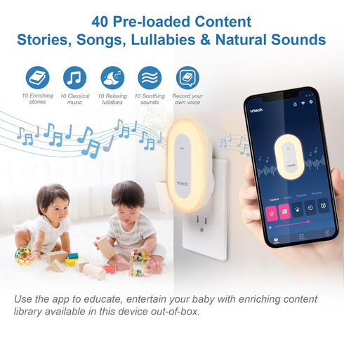 VTech BC8113 V-Hush Plug Sleep Training Soother with 40 Stories/Songs/Sounds & Record Your Voice, Bluetooth Speaker,