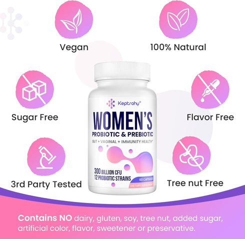 Vaginal Probiotics for Women - 300 Billion CFUs, 12 Strains with Prebiotic, Organic Cranberry Extract, 60 Capsules