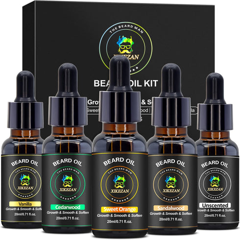 XIKEZAN 5 Pack Beard Oil Set with Sandalwood, Orange, Vanilla, Cedarwood, Christmas Stocking Stuffers for Men