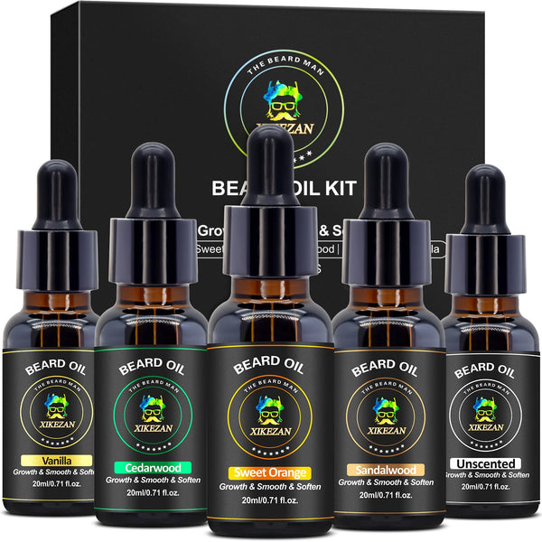 XIKEZAN 5 Pack Beard Oil Set with Sandalwood, Orange, Vanilla, Cedarwood, Christmas Stocking Stuffers for Men