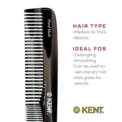 Kent 9T Black Graphite Detangler Comb, Fine Tooth and Wide Tooth, Large Handmade Dressing Comb, Made in England