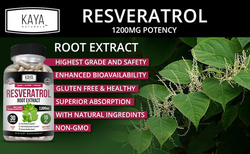 Kaya Naturals Resveratrol Capsules - Anti Aging Supplement with Antioxidants & Brain Support - 30 Veggie Capsules