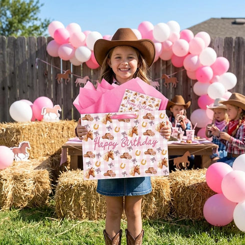 Nefrayd Cowgirl Gift Bag, Pink Western Gift Bag with Card and Tissue Paper, Western Theme Birthday Party Decorations