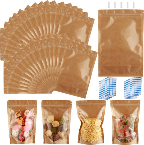 300-Pack Kraft Paper Bags with Clear Window 5" x 8", Resealable Smell Proof Zip Lock Pouch for Food Storage