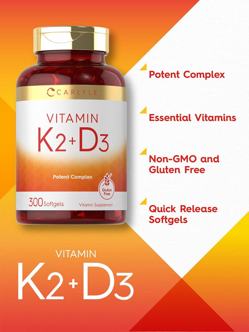 Carlyle Vitamin K2 and D3 Supplement - 300 Softgels, 200mcg K2 MK7 & 250mcg D3, Non-GMO, Gluten Free