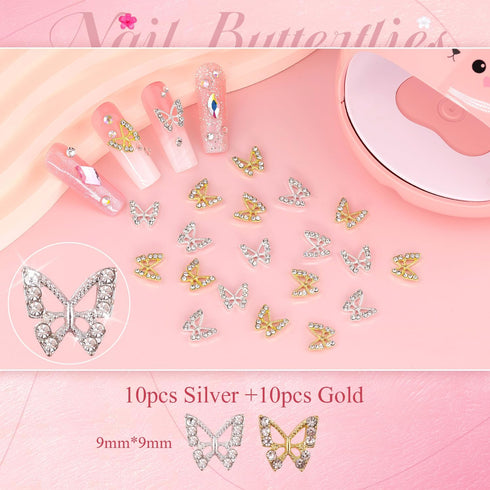 3D Nail Charms and Gems Set 1, 20PCS Gold Silver Chunky Butterfly Charms with Rhinestones for Y2K Decoration