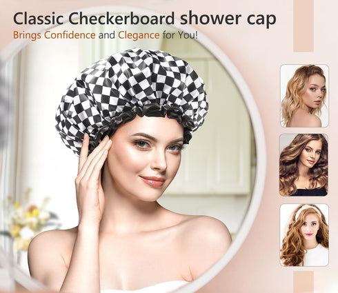 mikimini Shower Cap for Women and Girls | Elegant Chessboard Design, Double-layer Waterproof, Reusable, Medium