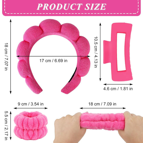 Wecoe Spa Headband and Wristband Set, Pink Rose Red, Cute Puffy Sponge Bubble Makeup Headband, Hair Claw Clips, Wrist