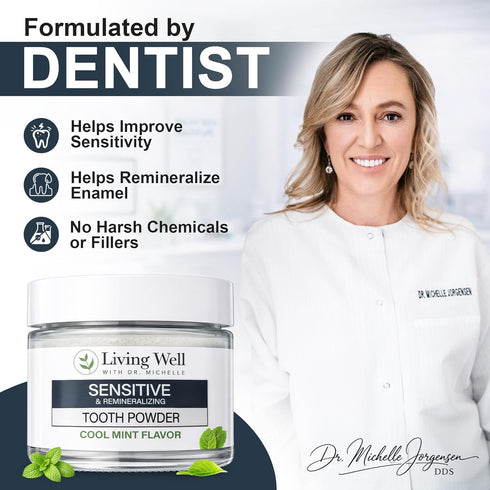 Living Well with Dr. Michelle Sensitive Remineralizing Tooth Powder | Fluoride-Free Hydroxyapatite Formula | Supports