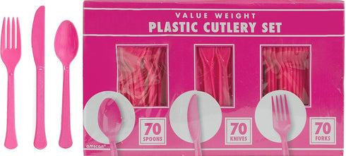 Bright Pink Plastic Heavy Weight Assorted Cutlery (200 Count) - Premium Disposable Plastic and Sturdy Cutlery, Perfect for Home Use and All Kinds of Occasions by Amscan