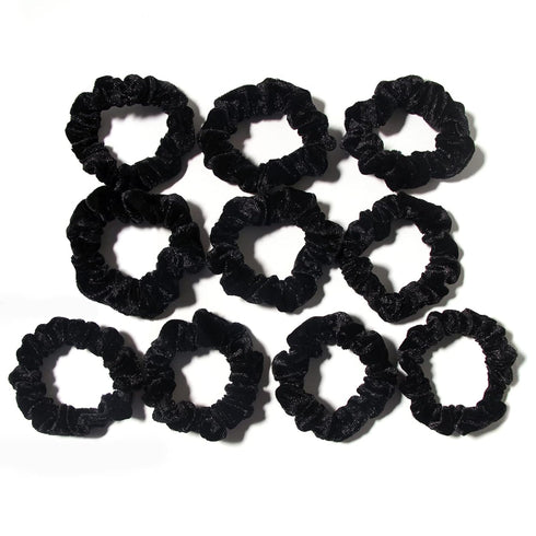 Pack of 10 Small Velvet Scrunchies - Mini Thin Elastic Hair Ties for Women Hair Accessories (Black)