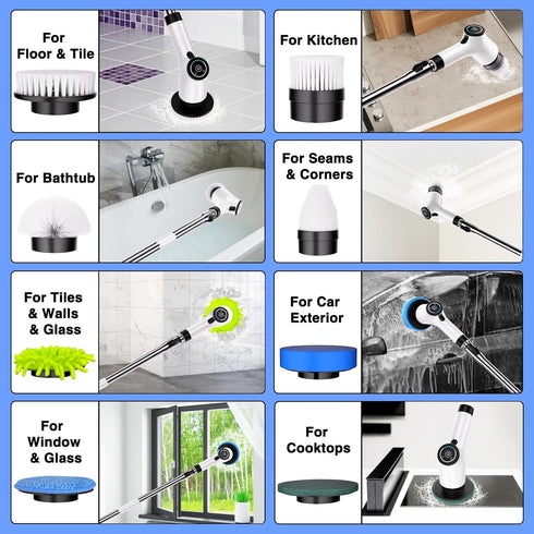 Electric Spin Scrubber, Cordless Cleaning Brush with 8 Replaceable Brush Heads, Dual Speed Power Scrubber
