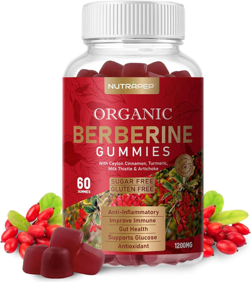 Premium Berberine HCl Gummies, 1200mg with Ceylon Cinnamon and Turmeric, Sugar Free