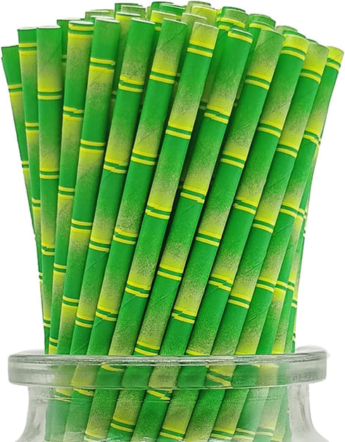 Biodegradable Green Bamboo Printed Paper Drinking Straws - Pack of 100 Disposable Straws