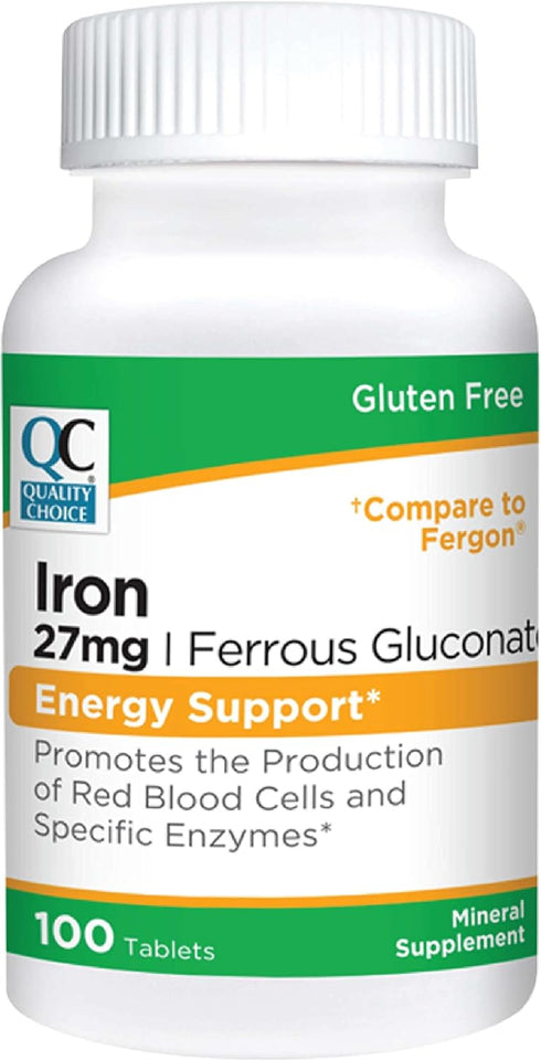 Quality Choice Energy Support Iron 27 mg Ferrous Gluconate Tablets, 100 Count