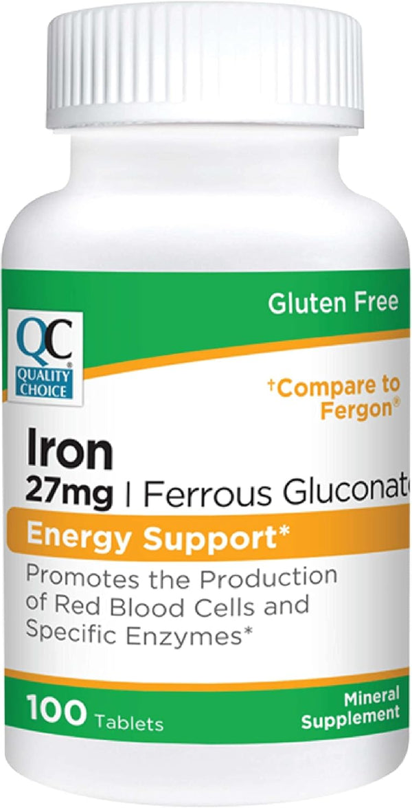 Quality Choice Energy Support Iron 27 mg Ferrous Gluconate Tablets, 100 Count