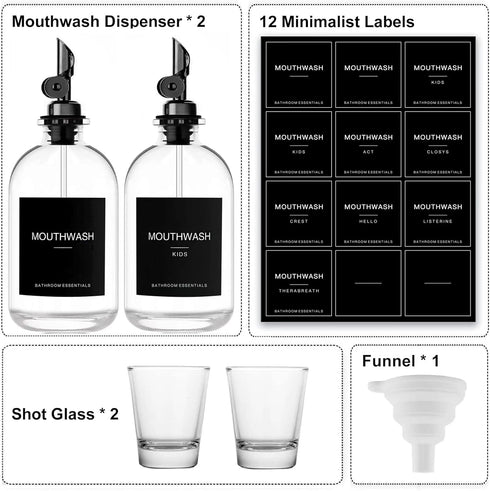 Black Glass Mouthwash Dispenser with Cups, 12.7 oz, 2 Pack, Clear Bottle with Stainless Steel Spout for Bathroom