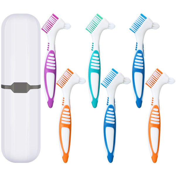 WILLBOND 6 Pieces Denture Brushes, Hard Cleaning Toothbrush with White Carrying Case for False Teeth (Green, Purple,