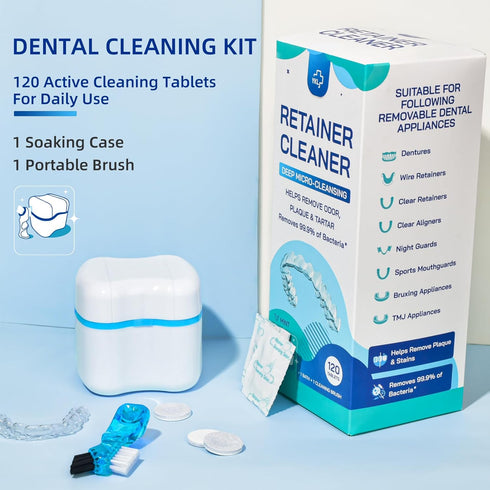 Retainer & Denture Cleaner Kit, Mouth Night Guard Whitening Case, 120 Cleanser Tablets, Guard Bath Cup