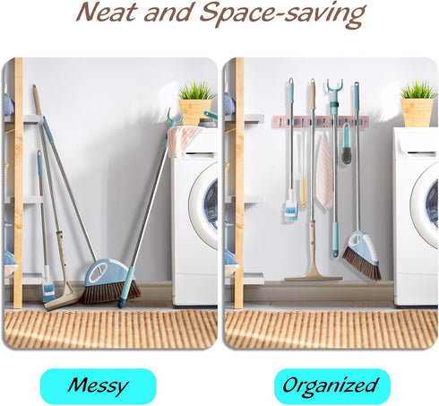 Pink Mop Broom Holder Wall Mount, 4 Slots & 4 Hooks, Wood Hanger for Kitchen Organization and Decor