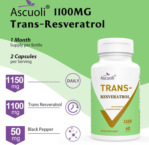 99% Ultra Purity Ascuoli Trans-Resveratrol 1100mg, 3-in-1 Organic Resveratrol Supplement for Antioxidant & Immune
