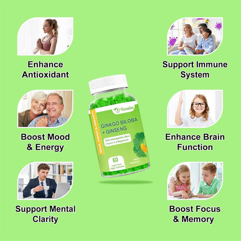 Ginkgo Biloba Gummies 2 Pack with Ginseng Maca Root & Magnesium - Organic Brain Focus Energy Mood Memory Supplements