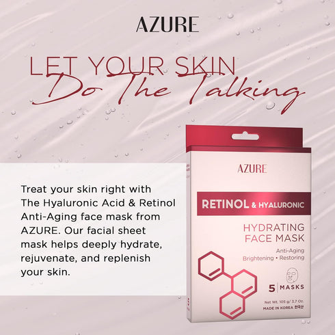 AZURE Retinol & Hyaluronic Acid Anti Aging Facial Sheet Mask - 5 Pack Rejuvenating & Hydrating Face Mask